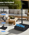 13 Foot Outdoor Patio Umbrella With Base Included, Double Sided Fade Resistant Canopy in beige on a deck with base details.