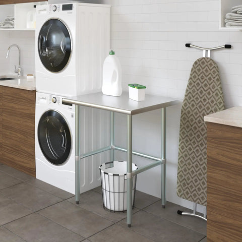 24 Inch By 30 Inch Heavy Duty Stainless Steel Work Table With Open Base For Commercial Kitchens And Garage Workshops. Utility station in laundry room.