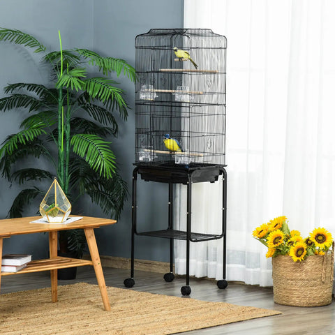 Heavy Duty Sixty Inch Metal Bird Cage With Easy Rolling Stand And Handy Storage Basket For Small Parrots Budgies Plus Full Pet Start Kit Accessories Ready To Treat Your Feathered Crew Black Indoor Flight Habitat
