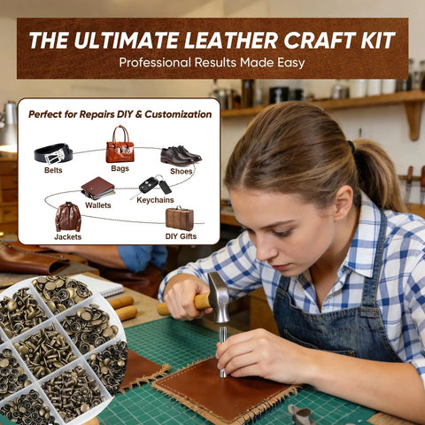 Leather Rivet Kit Pro Grade With 370 Brass Double Cap Rivets And Full Size Tools For Five Sizes 6x6mm To 10x10mm Ideal For Leather Crafting