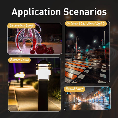 Application scenarios for Dusk To Dawn Photocell Sensor For Outdoor Lighting 2 Pack Auto On Off Photoelectric Switch, including LED street lights and decorative lamps