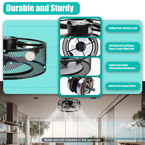 18‑inch Ceiling Fan Light with Remote, 3‑Speed Timing Caged Ceiling Fan Lam showing ABS fan blades and pure copper motor details.