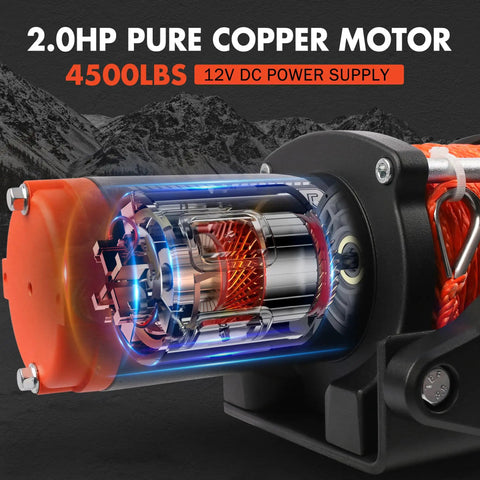 Close-up of 4500 Lb Electric Winch With Wireless Remote, showing the motor with pure copper coils and synthetic rope.
