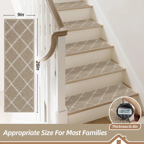Non Slip Stair Treads For Wooden Steps 28x9In Beige Soft Polyester Carpet With Self Adhesive Backing 15 Pack Machine Washable Easy To Install
