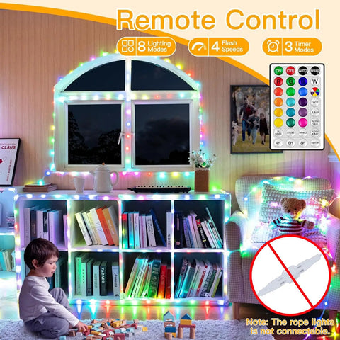 USB Rope Lights Indoor Color Changing 33ft 100 LED String Lights With Remote 18 Color Options illuminating a cozy living room scene.