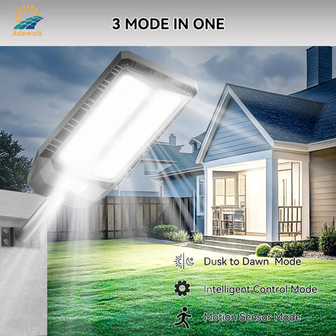 6000W Outdoor Solar Lights Waterproof Ultra Bright With Remote, shown illuminating a yard, attached to a pole post-motion sensor activation.