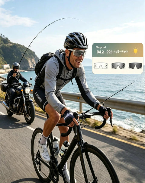 Cyclist wearing Kickass Photochromic Polarized Safety Glasses With UV400 Protection And Impact Resistant Build for outdoor ride.