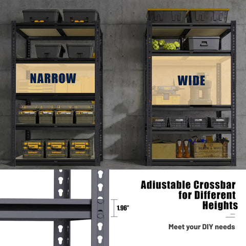 Adjustable Garage Storage Shelves Heavy Duty Metal Shelving Unit for Basement Warehouse Workshop Pantry and Closet 2400 Lbs Total Load Capacity 16 Inches Deep by 35.5 Inches Wide by 72 Inches High showcasing adjustable crossbar for different heights.