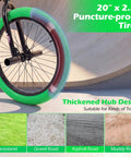 Close-up of 20-inch freestyle BMX bike wheel with green puncture-proof tire, suitable for various terrains.