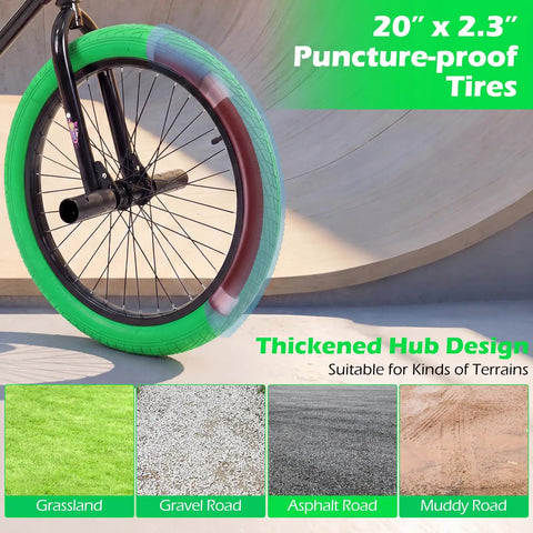 Close-up of 20-inch freestyle BMX bike wheel with green puncture-proof tire, suitable for various terrains.