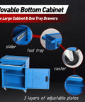 Movable bottom cabinet shows large storage area with tray drawers, adjustable plates, and wheels for versatility. Badass Heavy Duty Rolling Tool Chest With Five Snappy Drawers And Detachable Top Box Lockup Wheels And Adjustable Shelf For The Ultimate Garage Gear Setup In Classic Blue.