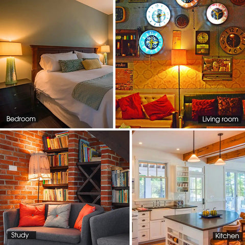 Bright 10W LED A19 Bulb 1200 Lumen 2700K Soft White Non Dimmable E26 Base shown in bedroom, living room, study, and kitchen settings