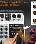 Close-up of 4 Channel DJ Mixer with Bluetooth and USB MP3 Input, hand adjusting settings, visible interface and display screen.