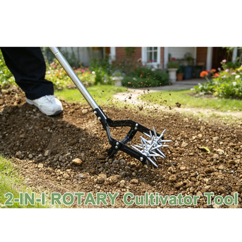 Garden Rotary Cultivator With 67 Inch Adjustable Handle And Durable Star Tines A 2 In 1 Weeding And Tilling Hand Tiller in use