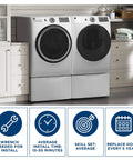 Laundry room with silver washer and dryer, installation tips for Heavy Duty Stainless Steel Washing Machine Hoses, 4-Foot, 2-Pack With Lead-Free Construction And Protective Polymer Coating For Leak-Free Washer Water Supply Connections And Durable Performance, shown below.