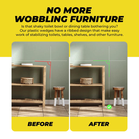 Plastic furniture levelers/shims for uneven floors; Amazon brand, 30-pack, shown under a shelf and stool before/after.