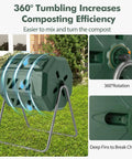 Dual Chamber 42 Gal Compost Tumbler With Sliding Doors 360 Degree Tumbling on metal frame in backyard setting