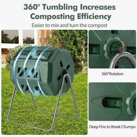 Dual Chamber 42 Gal Compost Tumbler With Sliding Doors 360 Degree Tumbling on metal frame in backyard setting