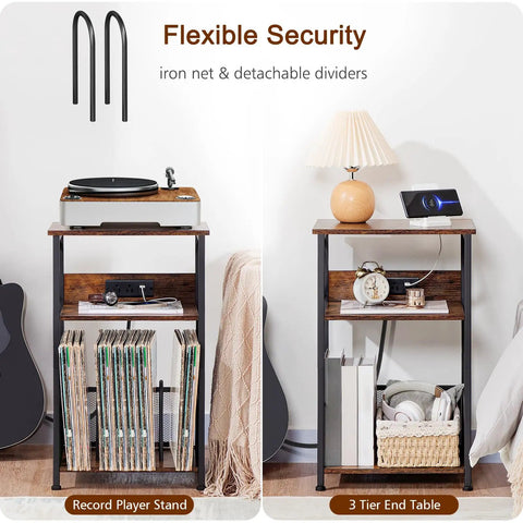 Record Player Stand With Built In Charging Station And Storage Cabinet, Rustic Brown, 3 Tier End Table For Vinyl Records shown with decor