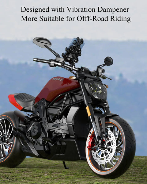 Motorcycle with Beefy Heavy Duty Motorcycle Phone Mount With Vibration Dampener And Anti Shake Handlebar Cradle, forest backdrop