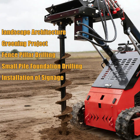Heavy-Duty Auger Attachment For Mini Skid Steer Loader With 5.9 Inch And 7.87 Inch Drill Bits in action on dirt field
