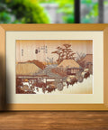 Framed Ukiyoe Art Kit Kiharie The Running Well Teahouse At Otsu By Hiroshige, Japanese inspiration, A4, on a wooden table