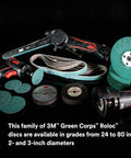 Green Corps Roloc Disc 36526 60 Grit Quick Change Discs and Tools arrangement on black background with 3M branding.