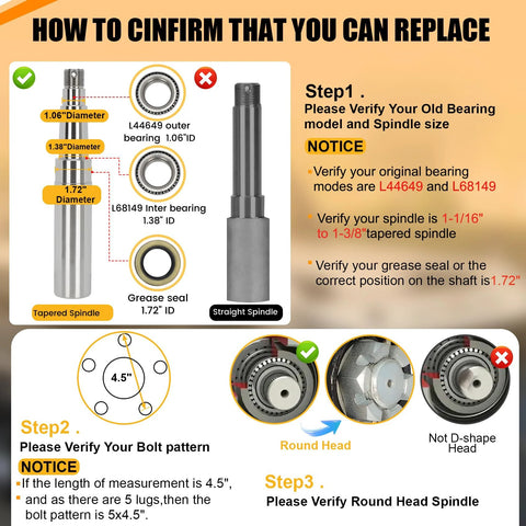 Trailer hub kit with tapered spindle, 5-lug, 4.5-inch bolt pattern for 1-1/16 to 1-3/8 inch spindles, Amazon brand