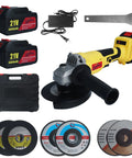 21V Cordless Angle Grinder With 0-9000 RPM No-Load Up To 10000 RPM, 4.0Ah Li-Ion Battery, Fast Charger, 2-Position Auxiliary Handle, And Three 125mm Large Grinding Discs For Beast Metal Cutting And Finishing displayed with accessories.