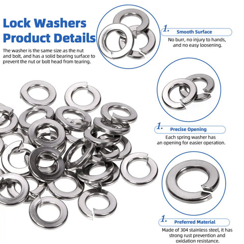Badass 201 Piece Hex Lag Screw Assortment Kit Including 1/4 5/16 And 3/8 Inch 304 Stainless Steel Threaded Bolts With Flat And Lock Washers showing various lock washers.