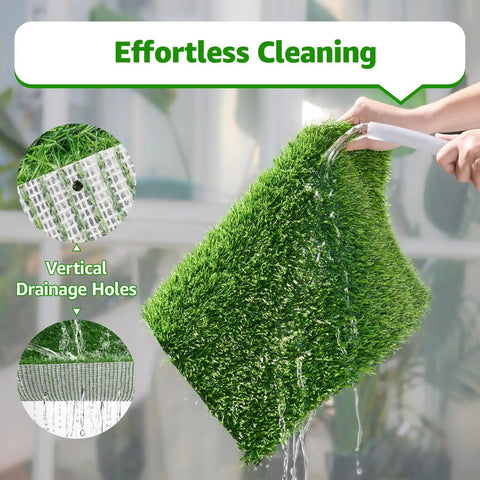 All Weather Artificial Turf For Dogs And Indoor Potty Training Replacement Grass Rug For Patio Balcony Lawn Weatherproof Dog Pad With Drainage Holes Easy To Clean 18x28 Inch Multiuse Indoor Outdoor Mat being rinsed off with water showing drainage holes