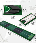 Indoor Golf Putting Mat With Auto Ball Return And Alignment Mirror 8.2 Ft Practice Green dimensions and components