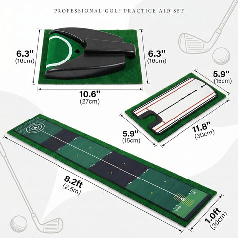 Indoor Golf Putting Mat With Auto Ball Return And Alignment Mirror 8.2 Ft Practice Green dimensions and components