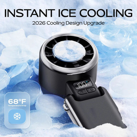 Portable Handheld Fan With Ice Cooling Tech, USB Rechargeable, close-up on ice with temperature display, 2026 design upgrade
