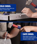 Cold chisel and cape chisel in use, part of Knockout Five Piece Punch And Chisel Set Forged From Tough Chrome Vanadium Steel.