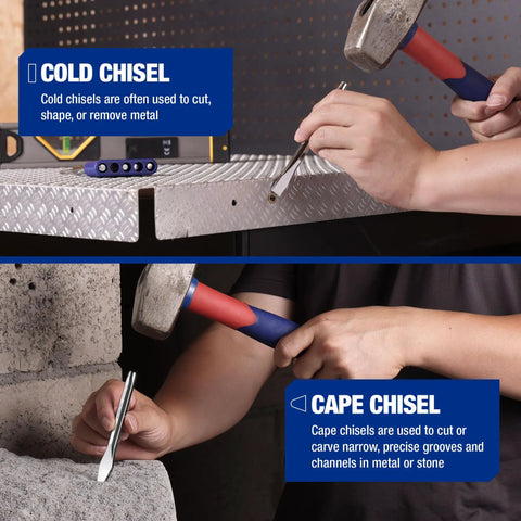 Cold chisel and cape chisel in use, part of Knockout Five Piece Punch And Chisel Set Forged From Tough Chrome Vanadium Steel.