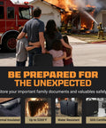 Fireproof Document Safe Bag With Lock For Home Travel And Office Water Resistant Triple Layer Heat Shield Fits Laptop Tablet And Cards Multi Pocket Organizer 15 By 11 By 4.1 Inches in emergency fire scenario with family and firetruck backdrop.