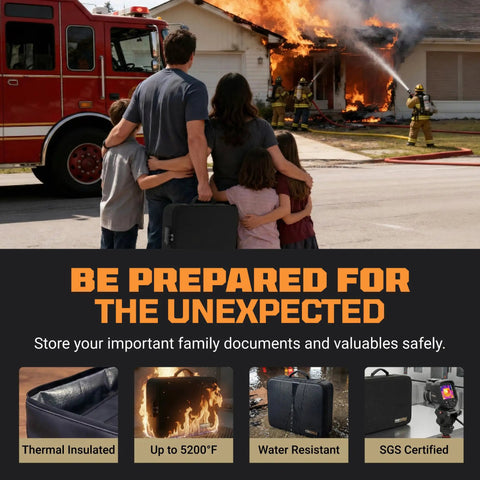 Fireproof Document Safe Bag With Lock For Home Travel And Office Water Resistant Triple Layer Heat Shield Fits Laptop Tablet And Cards Multi Pocket Organizer 15 By 11 By 4.1 Inches in emergency fire scenario with family and firetruck backdrop.