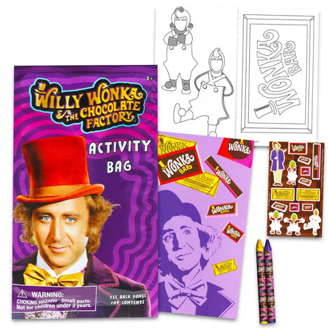 Chocolate Factory Theme Party Favor Bundle For Kids Includes 24 Mini Activity Packs With Colorable Mini Books, Stickers, Games, And Treat Bag Essentials For A Fun Birthday Goodie Bag featuring Willy Wonka activity bag with colorable pages and crayons