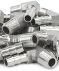 Heavy Duty 90 Degree Elbow Stainless Steel 316 Hose Barb Fitting Quarter Inch ID Tube To One Eighth Male NPT Pipe Connection Bulk Pack 400 Pieces stacked together, showcasing durable construction.