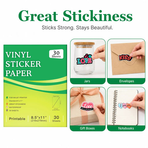 Premium Clear Printable Sticker Paper 30 Sheets 8.5x11 Slick Waterproof Adhesive Vinyl For Inkjet Printers used on jars and envelopes.