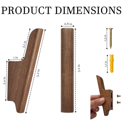 Rock-Solid Natural Walnut Wood 4 Pack Wall-Mounted Coat Hooks for a Super Entryway Glow Up Handcrafted Modern Hooks showing dimensions and hardware.