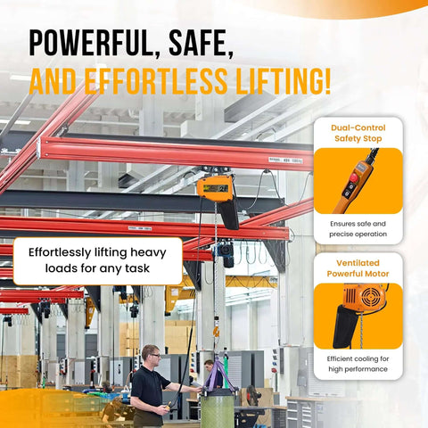 Industrial setting with Beefy 2 Ton Electric Hoist With VFD Controls, 480V 3 Phase Power, lifting heavy load in warehouse.
