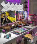 Heavy Duty Dual Monitor Stand Riser In Wood And Steel With Rustic Brown Finish supporting two monitors on a gaming desk setup.
