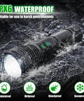 Rechargeable Flashlight With 120000 Lumens Beast Mode Bright LED Tactical Light Zoomable For Camping Hunting And Emergencies 5 Modes Wide Beam Waterproof High Power Torch Long Battery Life submerged in water showing IPX6 waterproof feature.