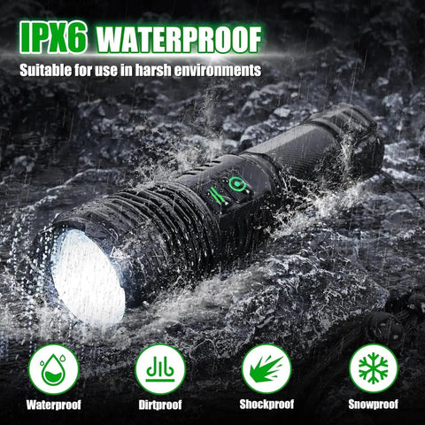 Rechargeable Flashlight With 120000 Lumens Beast Mode Bright LED Tactical Light Zoomable For Camping Hunting And Emergencies 5 Modes Wide Beam Waterproof High Power Torch Long Battery Life submerged in water showing IPX6 waterproof feature.