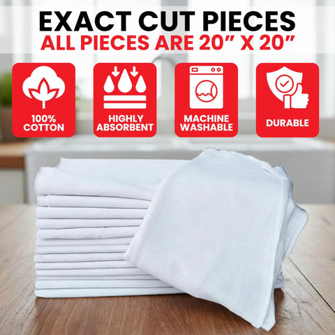 Stack of Premium Exact Cut White T Shirt Cleaning Rags Ten Pack 20x20 Inches Super Absorbent Cotton Rags for Mechanic Shops