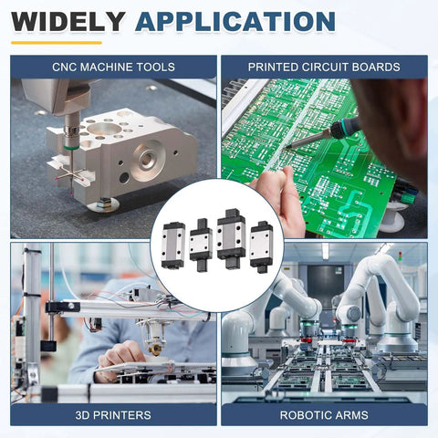 Image showing widely application of MGN9H Linear Bearing Carriage Block With Mini Guide And Wrench for CNC machines, 3D printers, robotics.