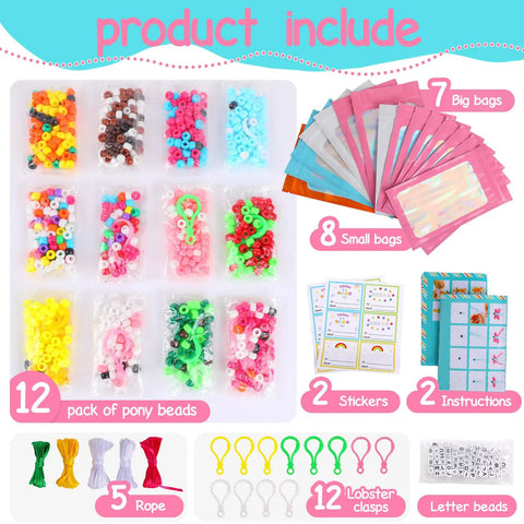 Beads For Crafts Kit With 12 Design Pony Beads And Letter Beads, Keychain Making Set For Beginners, Includes Cording and Stickers