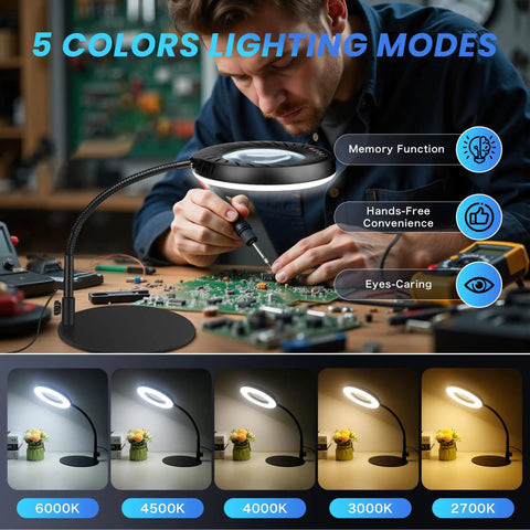 Person using 12X Magnifying Glass With Light And Stand For Crafting 5 Color Modes 9 Level Dimmable 144 LED Desk Lamp Hands Free Magnifier